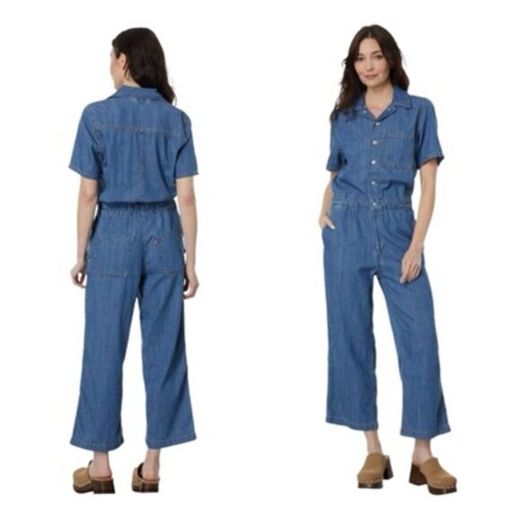 Levi's Short Sleeve Heritage Jean Jumpsuit Crop Wide Leg Snap Up Denim S - Picture 1 of 10